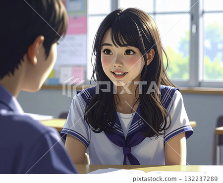 Illustration of high school girls having a conversation in the classroom Illustration of high school girls having a conversation in the classroom 132237289