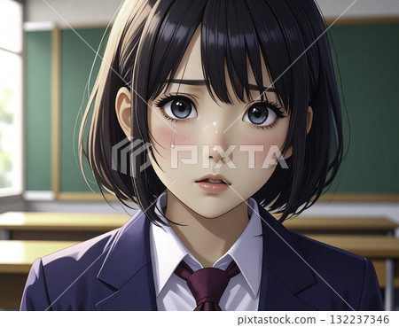 Anime-style illustration of a crying high school girl 132237346