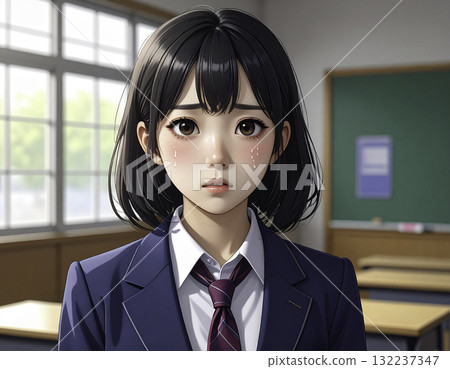 Anime-style illustration of a crying high school girl 132237347