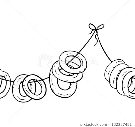 Hand drawn ink line art seamless border with hanging bagels on string, minimal rustic bakery style, perfect for food packaging, kitchen textiles, farm market labels, coloring pages, wrapping Hand drawn ink line art seamless border with hanging bagels on string, minimal rustic bakery style, perfect for food packaging, kitchen textiles, farm market labels, coloring pages, wrapping 132237491