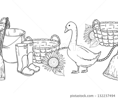 Hand drawn seamless ink line art border of rustic barn interior with goose, bucket, boots, broom, sunflower. Vintage countryside farm atmosphere for packaging, textile, wrapping, educational projects. 132237494