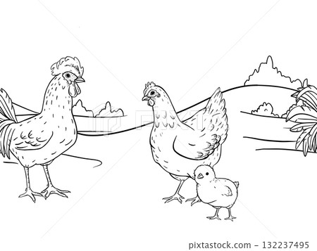 Ink line art seamless border of countryside farm with hens and rooster walking across an open rural field. Ideal for packaging, textile prints, children books, wrapping rustic branding projects. Ink line art seamless border of countryside farm with hens and rooster walking across an open rural field. Ideal for packaging, textile prints, children books, wrapping rustic branding projects. 132237495