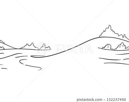 Hand drawn seamless ink line art border of countryside landscape, with rolling hills, distant mountains and open rural horizon. Calm pastoral illustration for packaging, textiles, coloring pages 132237498