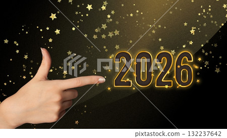 Shining golden 2026 with female hand and glitter sparkles, ideal for greetings, posters, and festive branding. 132237642