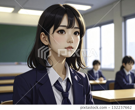 動漫風格的高中女生在教室裡學習的插圖 動漫風格的高中女生在教室裡學習的插圖 132237662