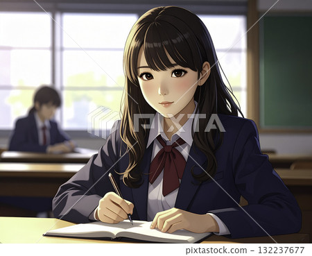 Anime-style illustration of high school girls studying in a classroom 132237677