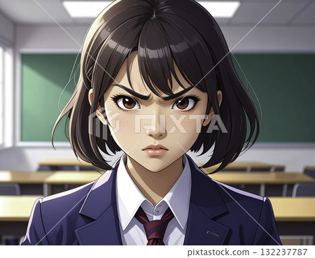 Anime-style illustration of a high school girl with an angry expression Anime-style illustration of a high school girl with an angry expression 132237787