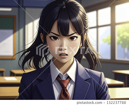 Anime-style illustration of a high school girl with an angry expression 132237788