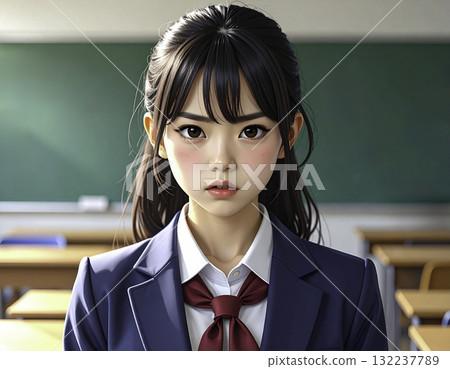 動漫風格的插圖,描繪了一位表情憤怒的高中女生 動漫風格的插圖,描繪了一位表情憤怒的高中女生 132237789