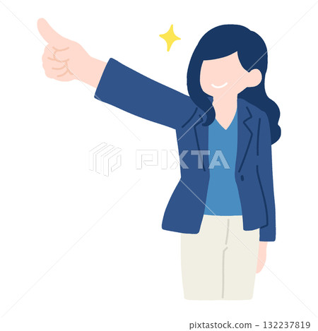 Flat illustration of a businesswoman pointing diagonally upwards 132237819