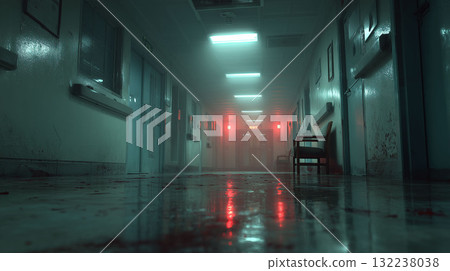 A terrifying hallway enveloped in eerie silence. A facility that could be a school or a hospital. 132238038