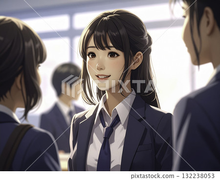 動漫風格的插圖,描繪了女高中生在教室裡交談的場景 動漫風格的插圖,描繪了女高中生在教室裡交談的場景 132238053
