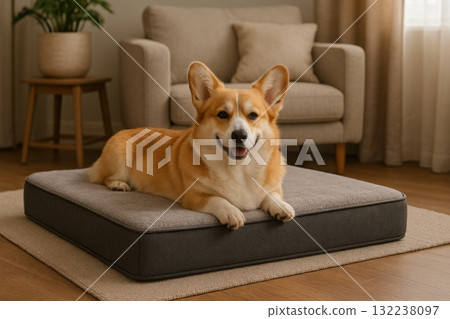 Happy corgi lounging on cozy bed in a bright living room with soft sunlight shining through the window 132238097