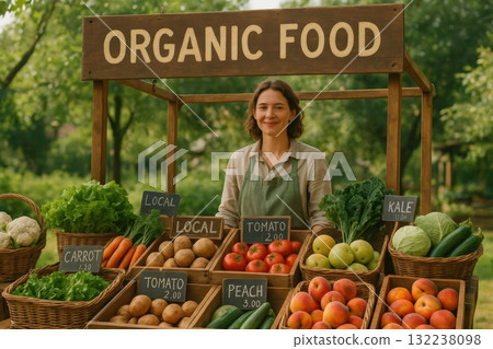 Organic food market stall featuring fresh vegetables and fruits with a friendly vendor in a sunny outdoor setting 132238098