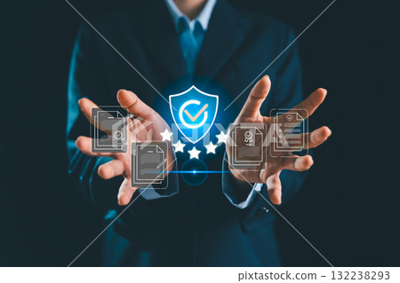 Quality assurance, certification concept emphasizes five-star service, compliance document, verified standard supporting perfect branding, trust building, product credibility, delivering top service 132238293