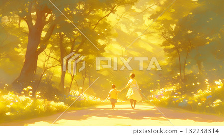 父母與子女的身影被光包裹。輕柔的微風傳遞著親情與愛意。 132238314