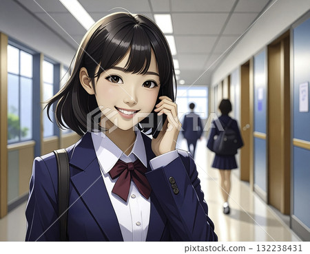 Illustration of a female student using a smartphone 132238431