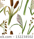 Seamless pattern of cattail, reed and rushes. Hand-drawn watercolor illustration. For textiles, fabrics, and wallpaper 132238502