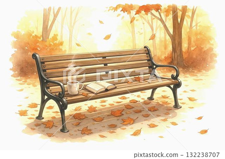一組溫柔的水彩插圖，描繪了秋天的溫暖以及落葉、樹木、水果和大自然。 132238707