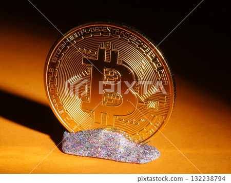 A gold coin with the letter B on it is sitting on a piece of glitter A gold coin with the letter B on it is sitting on a piece of glitter 132238794