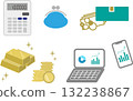 Asset management and investment items | Wallet, gold bullion, coin, graph, smartphone, laptop, calculator illustration set 132238867
