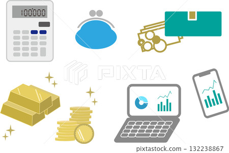 Asset management and investment items | Wallet, gold bullion, coin, graph, smartphone, laptop, calculator illustration set 132238867
