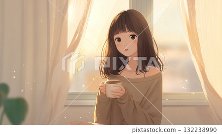 秋日的天空，窗邊的一位女子。一幅動漫風格的插畫，描繪了一位身穿毛衣的女孩在房間裡悠閒地喝咖啡。 132238990
