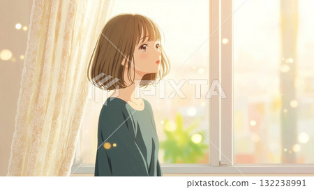 一幅動漫風格的插圖，描繪了一個年輕女子靜靜地凝視著窗外，柔和的晨曦陽光灑進來。溫暖的光線和細膩的觸感。 132238991