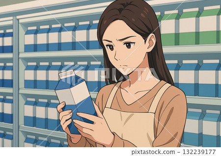 一名女子正在檢查牛奶盒 132239177