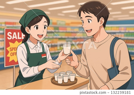 一位男顧客和一位店員正在品嚐 一位男顧客和一位店員正在品嚐 132239181