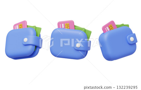 cartoon style card with currency in wallet 3D graphic 132239295