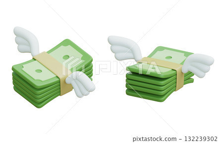 cartoon style flying money bills currency 3D graphic 132239302