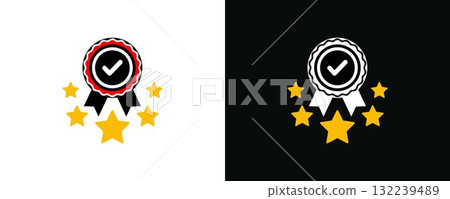 Award medal with a check mark and several stars. Award winning product icon. 132239489
