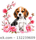 比格犬幼犬和梅花和牡丹花的水彩插圖/傳單和海報的材料 132239609