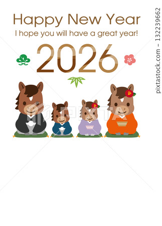 [2026] 西式新年賀卡，印有穿著和服的可愛馬家族 132239662
