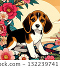 比格犬幼犬與牡丹花的日式花紮插畫/傳單和海報素材 132239741