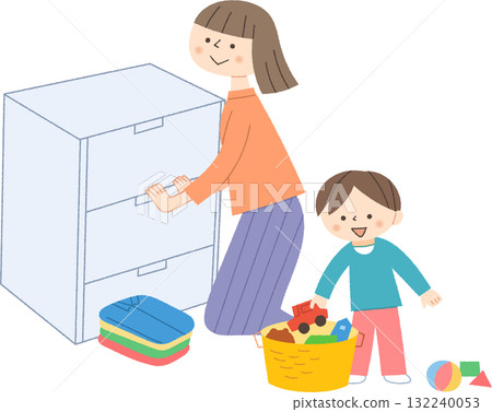 Parents and children tidying their rooms 132240053