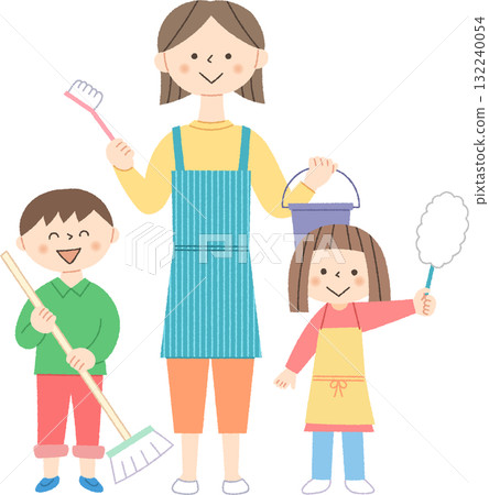 Parents and children holding cleaning tools Parents and children holding cleaning tools 132240054