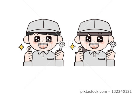 Two men and women in work clothes giving compliments Two men and women in work clothes giving compliments 132240121