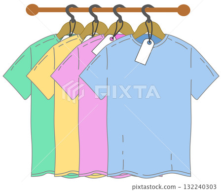 Colorful T-Shirts Hanging on Rail with Price Tags Colorful T-Shirts Hanging on Rail with Price Tags 132240303