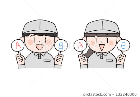 Two men and women in work clothes holding choice cards 132240306
