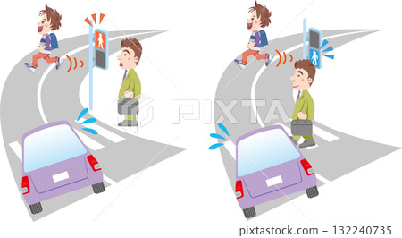 Traffic Safety (Children and elementary school students crossing the street diagonally and ignoring traffic lights) 132240735