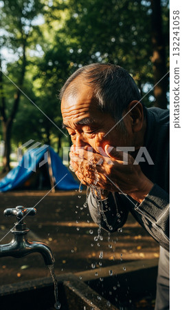A homeless man living in a blue tarp house in the corner of a park 132241058