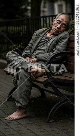 無家可歸的男子睡在公園角落的長椅上 132241068