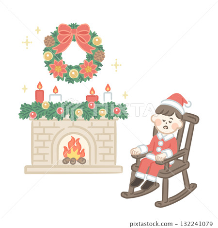 Boy resting by a fireplace with Christmas decorations Boy resting by a fireplace with Christmas decorations 132241079