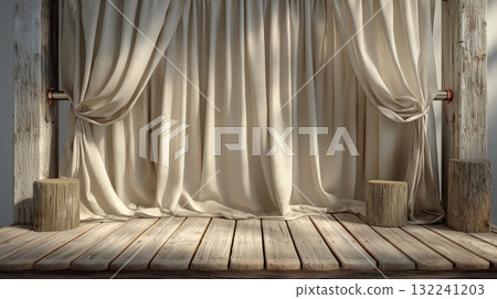 Soft Beige Curtain Studio Backdrop on Wooden Floor Display 132241203