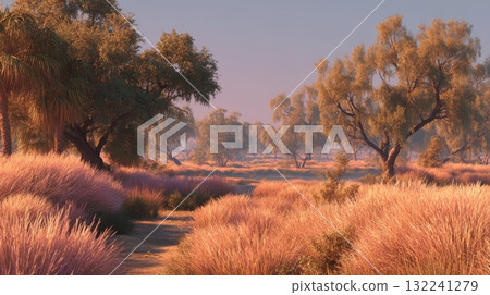 Serene Savannah Backdrop with Scattered Trees and Colorful Grasses Serene Savannah Backdrop with Scattered Trees and Colorful Grasses 132241279