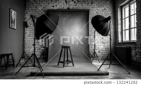 Studio setup with adjustable backdrop and lighting equipment in black and white 132241282