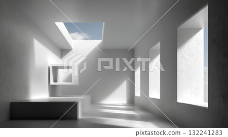 Modern White Studio Space with Soft Natural Light and Minimalist Design Modern White Studio Space with Soft Natural Light and Minimalist Design 132241283