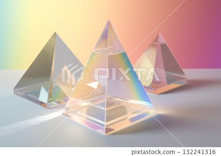 Various transparent glass geometric shapes with light diffraction of spectrum colors and complex reflection. Generative AI Various transparent glass geometric shapes with light diffraction of spectrum colors and complex reflection. Generative AI 132241316